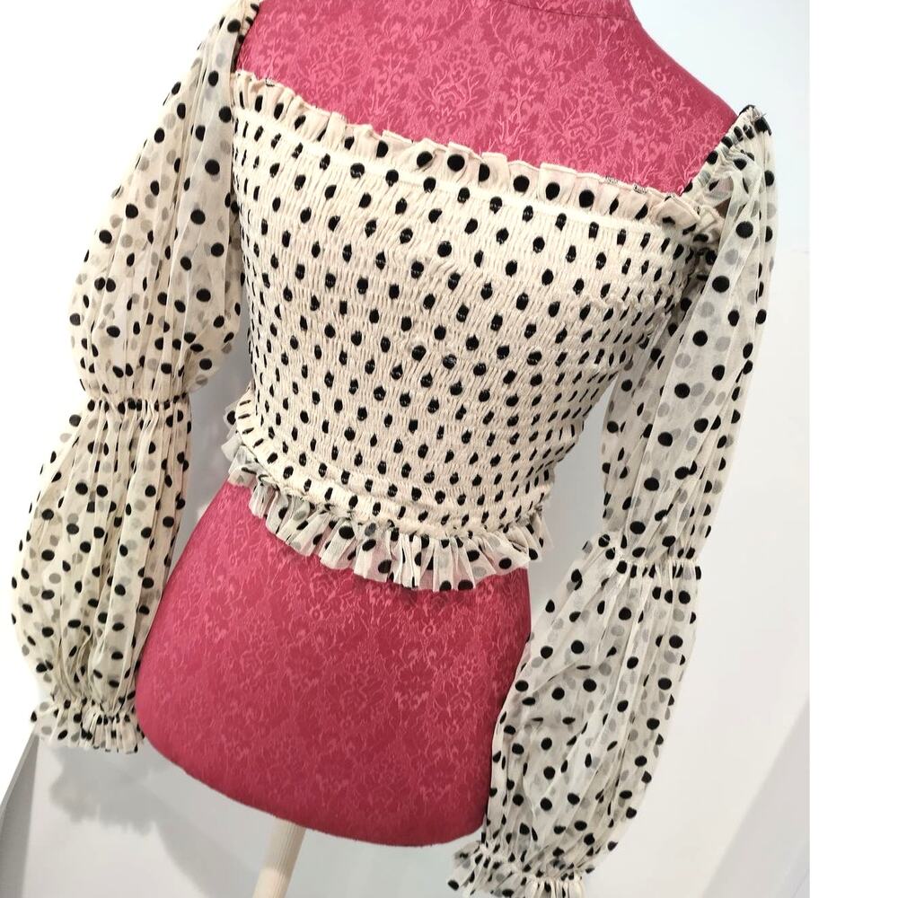 Lace & Bead Ecru n Polka Dot Sheer Puff Sleeve Smocked Lace Crop Top womans
